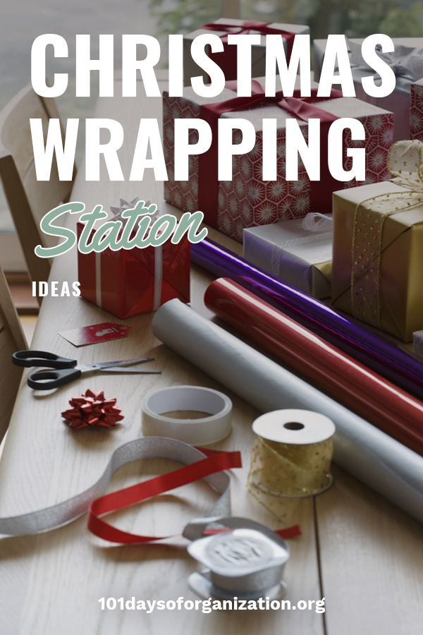 If you want to make gorgeous gifts, a Christmas gift wrapping station is your best bet. One place for all your paper, ribbons, and bows. 101 Days Of Organization wants to show you how easy it is to create this at your home. Keep on reading to see how you can make your own Christmas wrapping station. Everyone will swear you had your gifts wrapped by a professional. And the nice thing is your house isn't littered with paper and bows. #christmaswrappingstation #wrappingstationideas