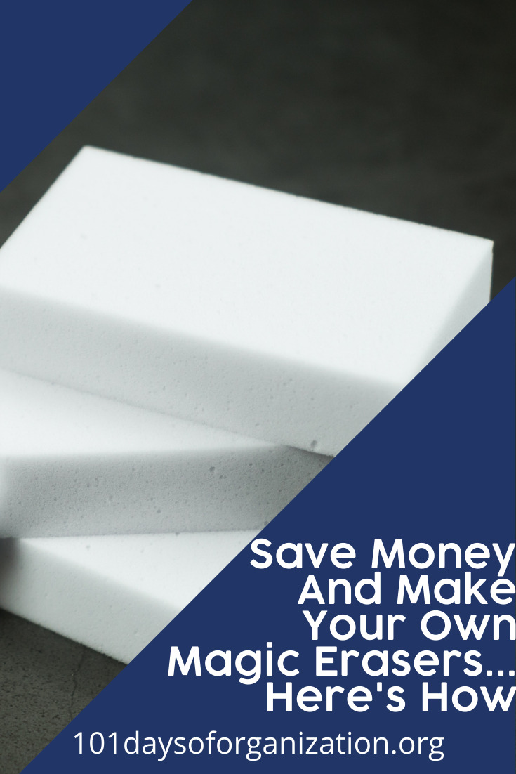 Magic Erasers are the cure-all when it come to house cleaning. But, they are not cheap. 101daysoforganization.org can teach you how to make your own for pennies. Visit the blog today and subscribe for weekly emails to help you organize your life. #organization #DIY #homemade #cleaningtiems